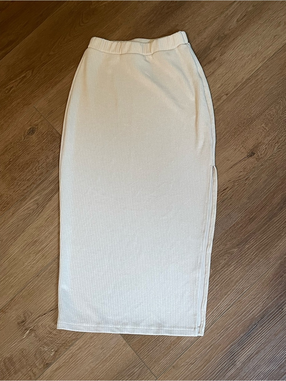 Cream Ribbed Midi Pencil Skirt with Side Slit